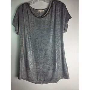CB‎ Established Women's Top Sz S Metallic Knit Layered Split-Back Short Sleeve
